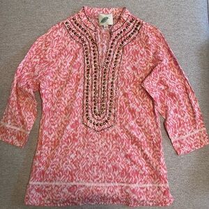 Coral, white and studded tunic blouse